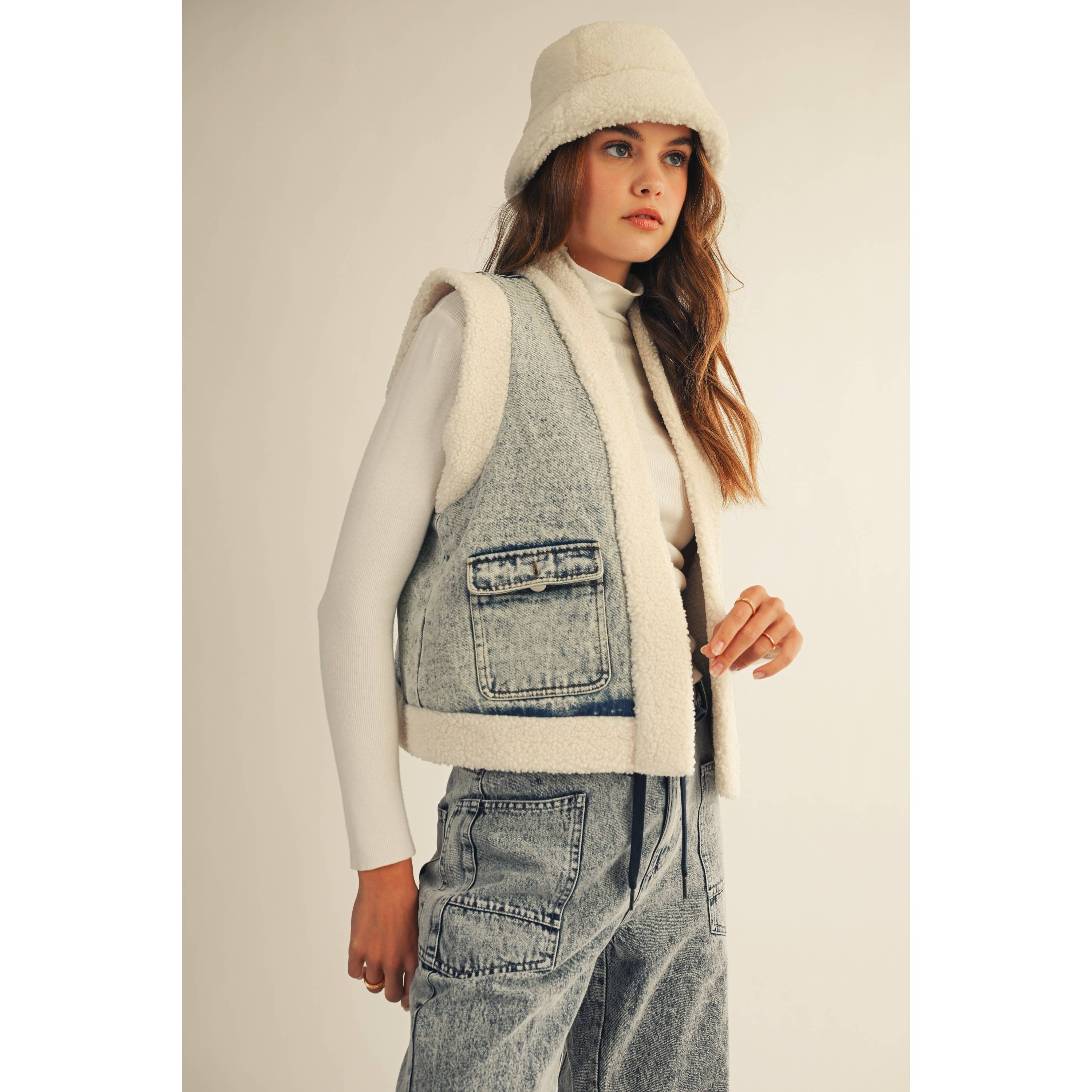 Washed Vintage Denim Fleece Vest