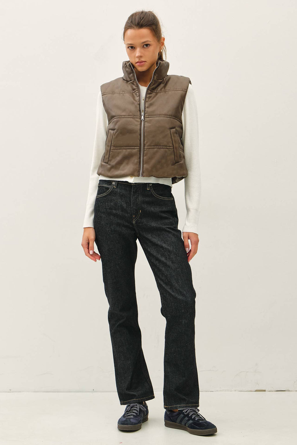 Women’s Cropped Faux Leather Puffer Vest
