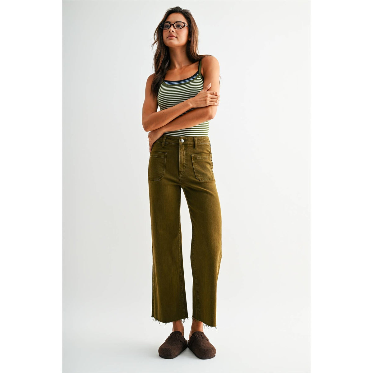 High Rise Wide Leg Crop Jeans – Olive Raw Hem
