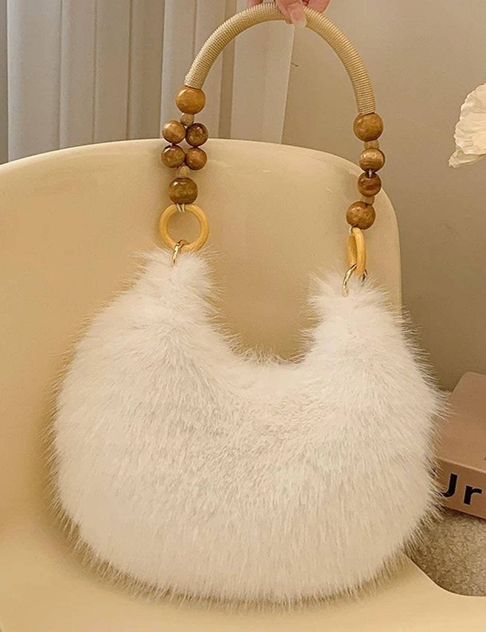 Fluffy Beaded Handle Shoulder Bag