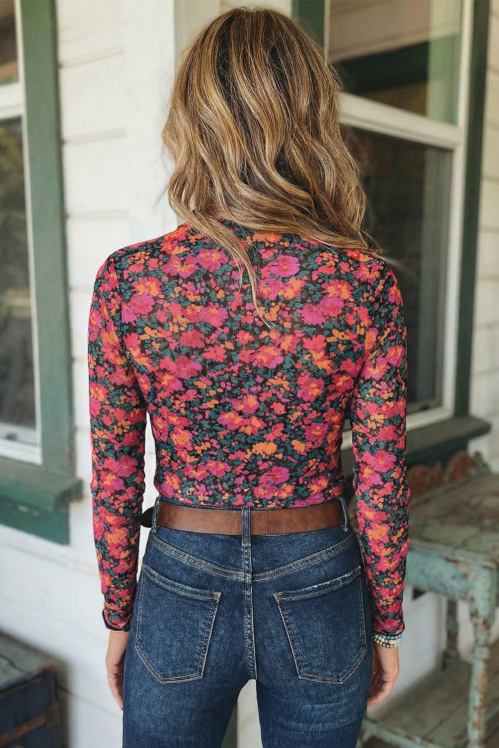 Floral Mesh Mock Neck Long Sleeve Top