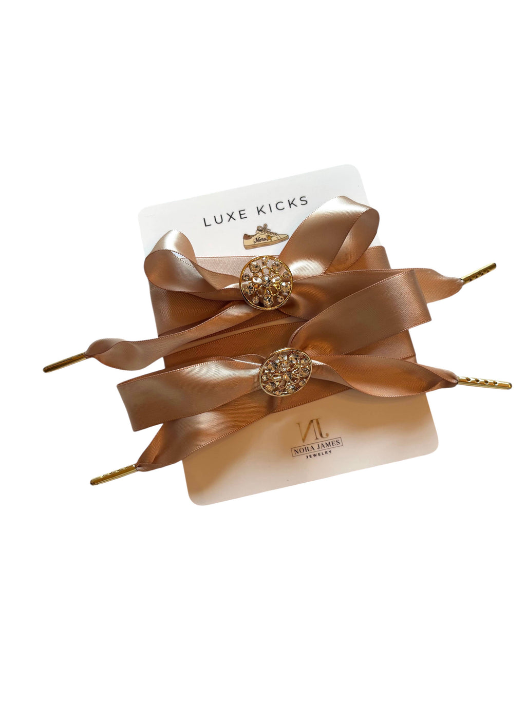 Designer-Inspired Satin Shoelaces with Rhinestone Brooch - Golden Khaki