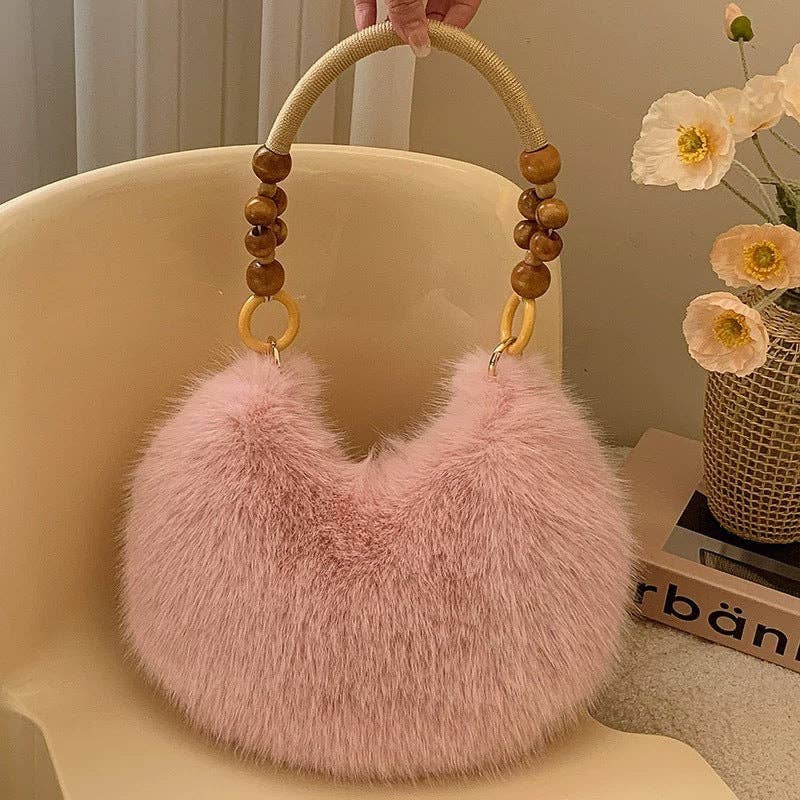 Fluffy Beaded Handle Shoulder Bag