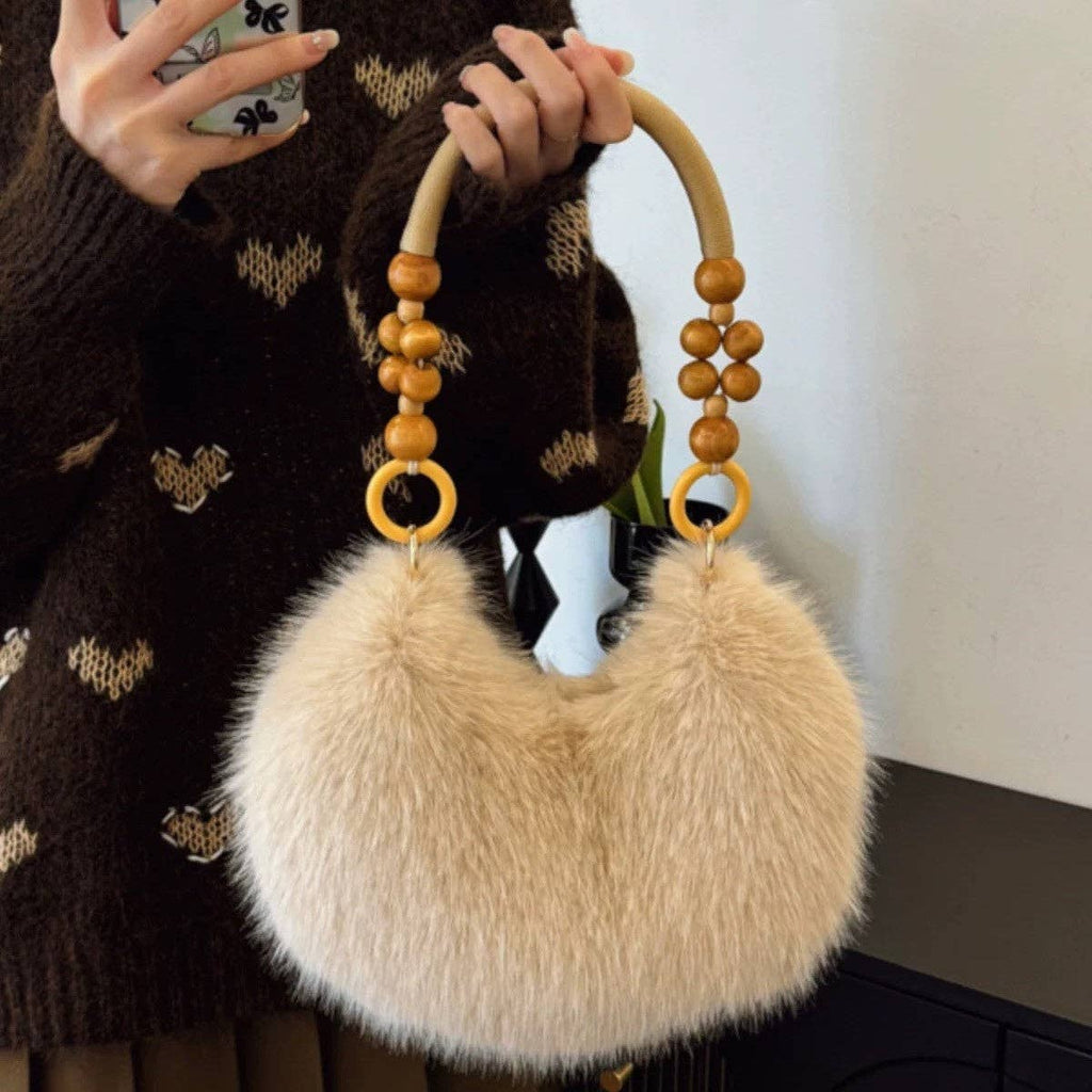 Fluffy Beaded Handle Shoulder Bag