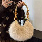 Fluffy Beaded Handle Shoulder Bag