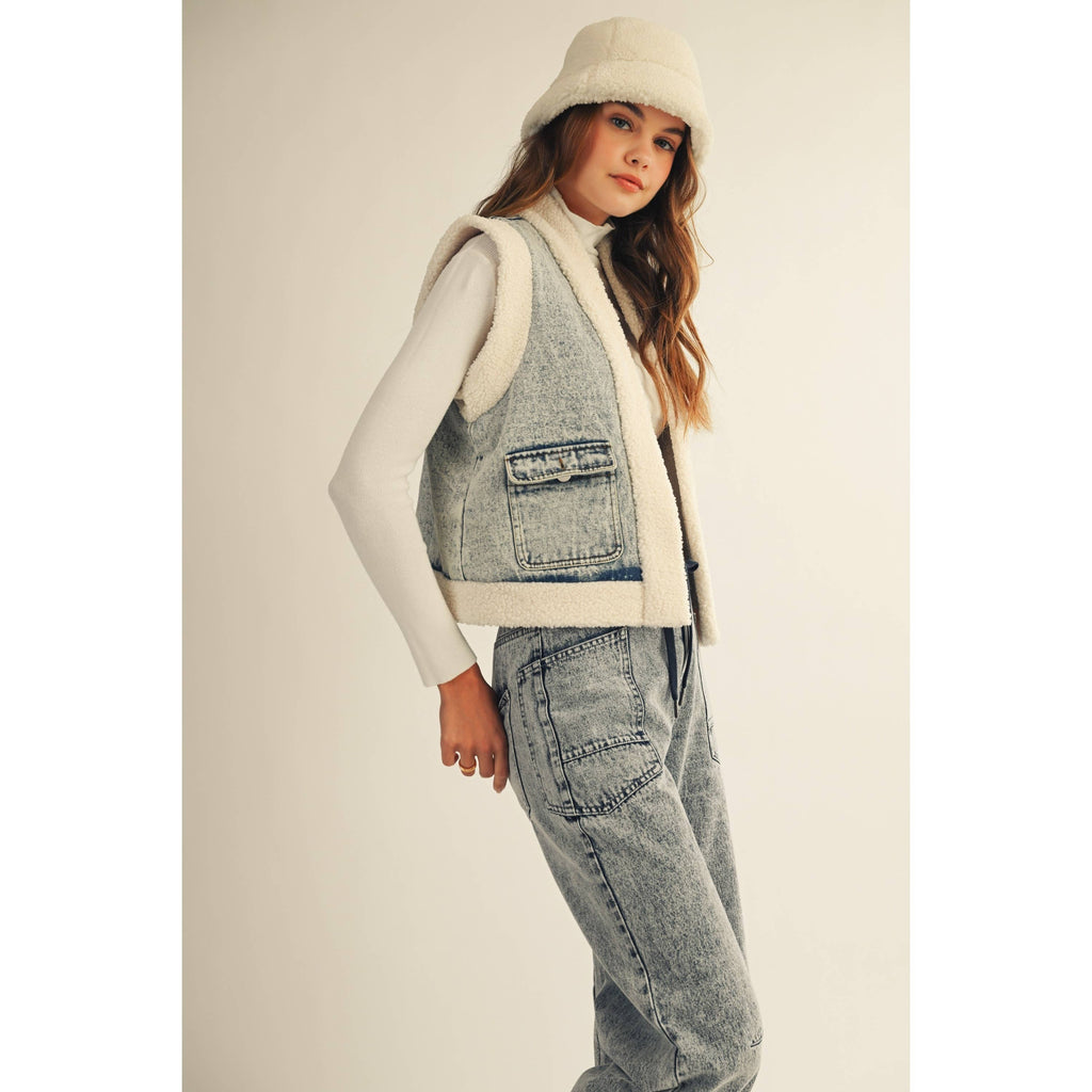 Washed Vintage Denim Fleece Vest