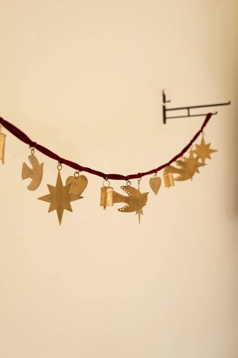 Gold Christmas Charm Garland with Maroon Velvet Ribbon – 64-Inch