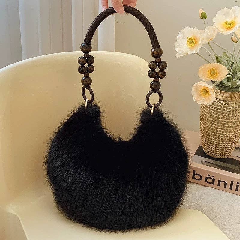 Fluffy Beaded Handle Shoulder Bag