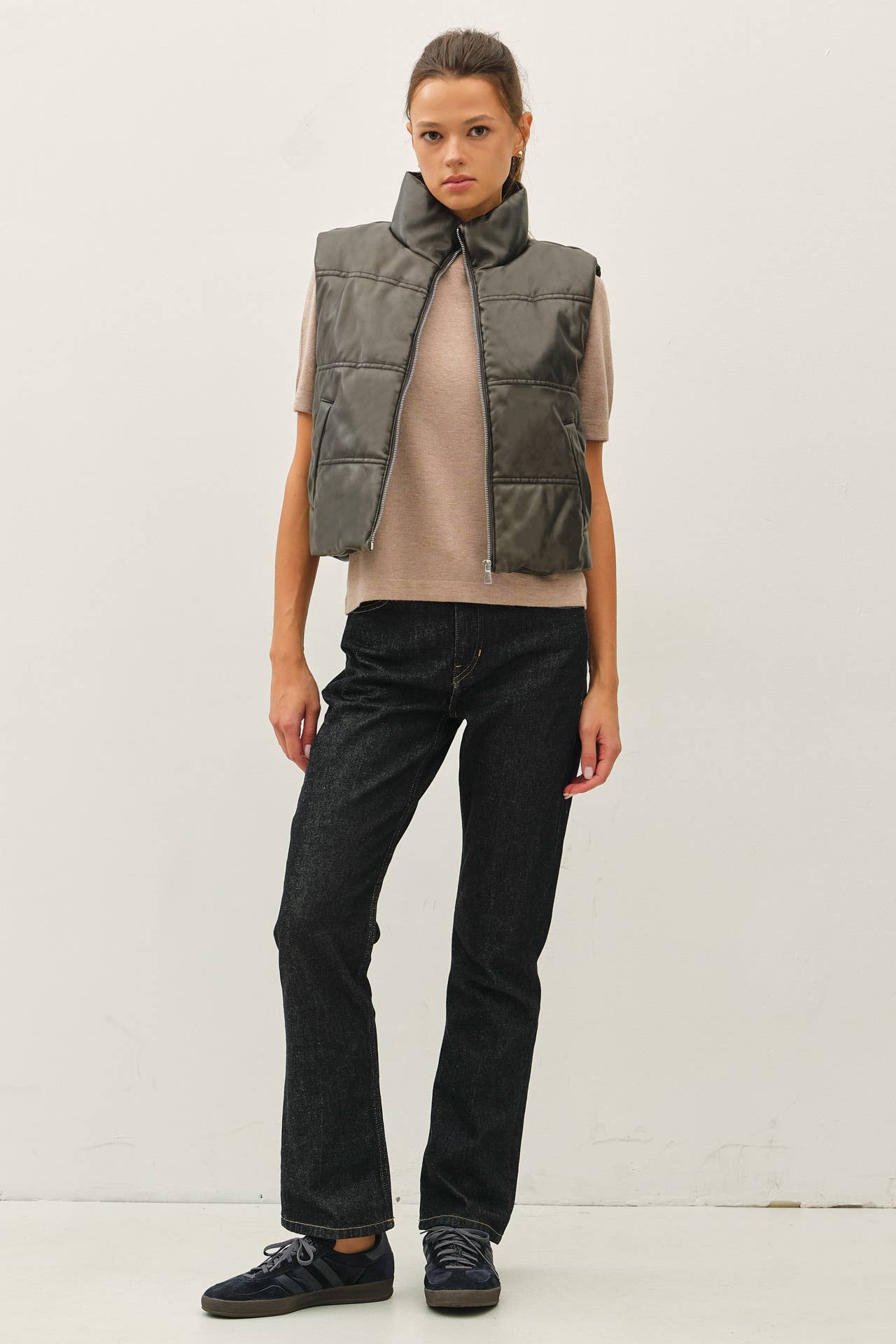Women’s Cropped Faux Leather Puffer Vest