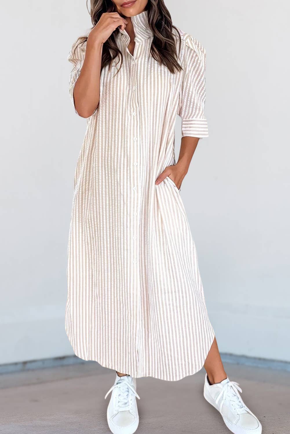 Stripe Frill Collar Shirt Maxi Dress