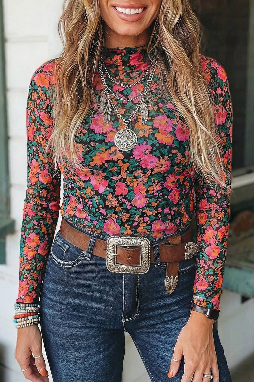 Floral Mesh Mock Neck Long Sleeve Top