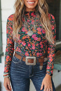 Floral Mesh Mock Neck Long Sleeve Top