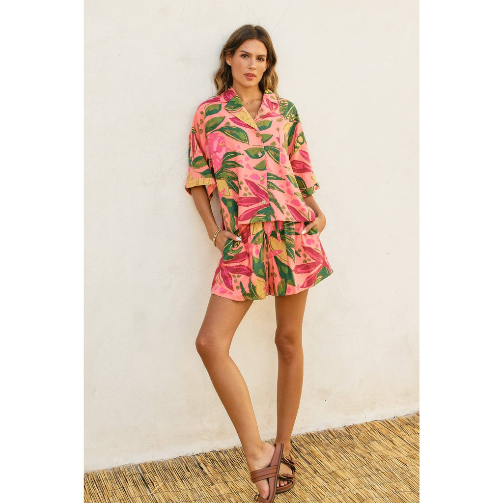 Just Like Paradise Linen Blend Shirt & Shorts Set - Pink Rio