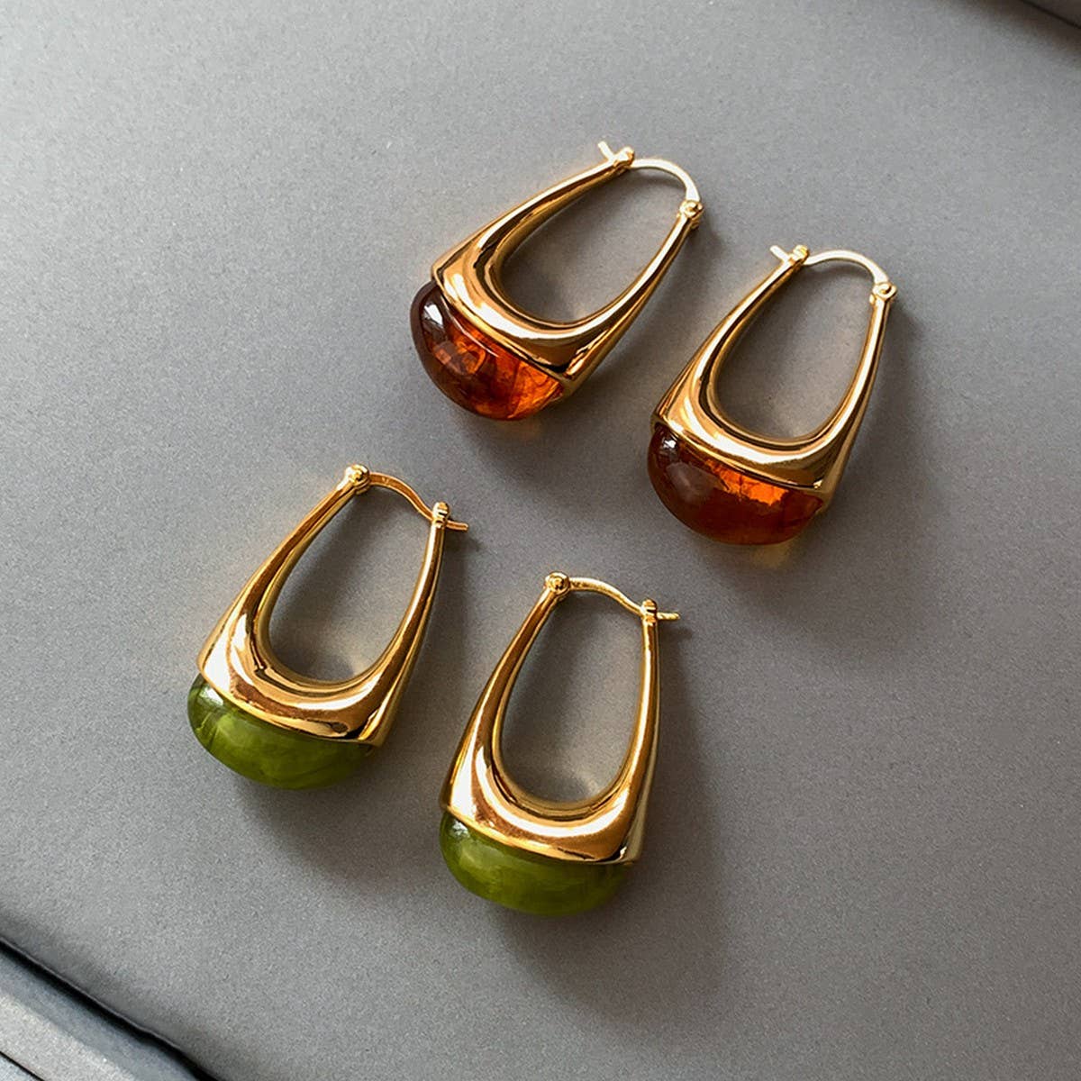 Amber Olive Resin Teardrop Earrings - Gold Framed Studs