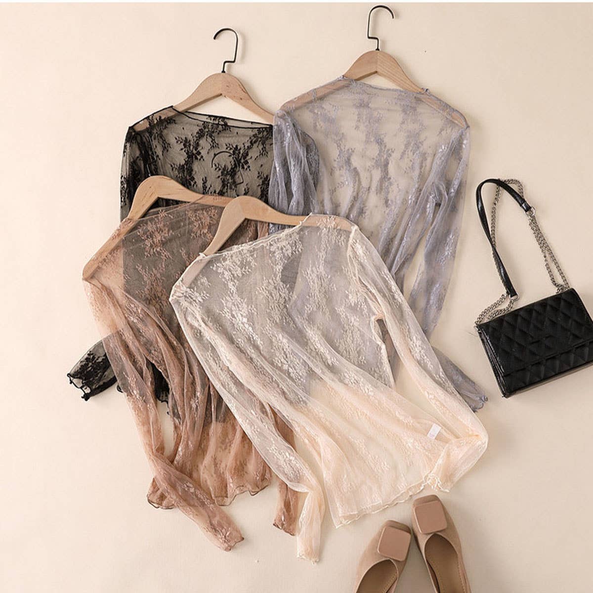 Sheer Lace Mesh Long Sleeve Top