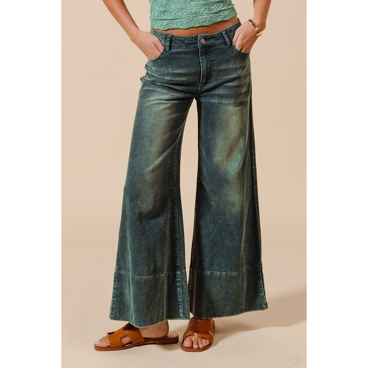 Vintage Teal Wide Leg Flare Corduroy Pants with Side Slits