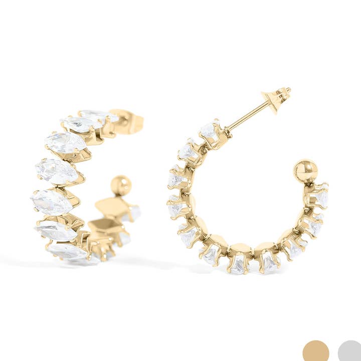 18K Gold CZ Stone Hoop Earrings
