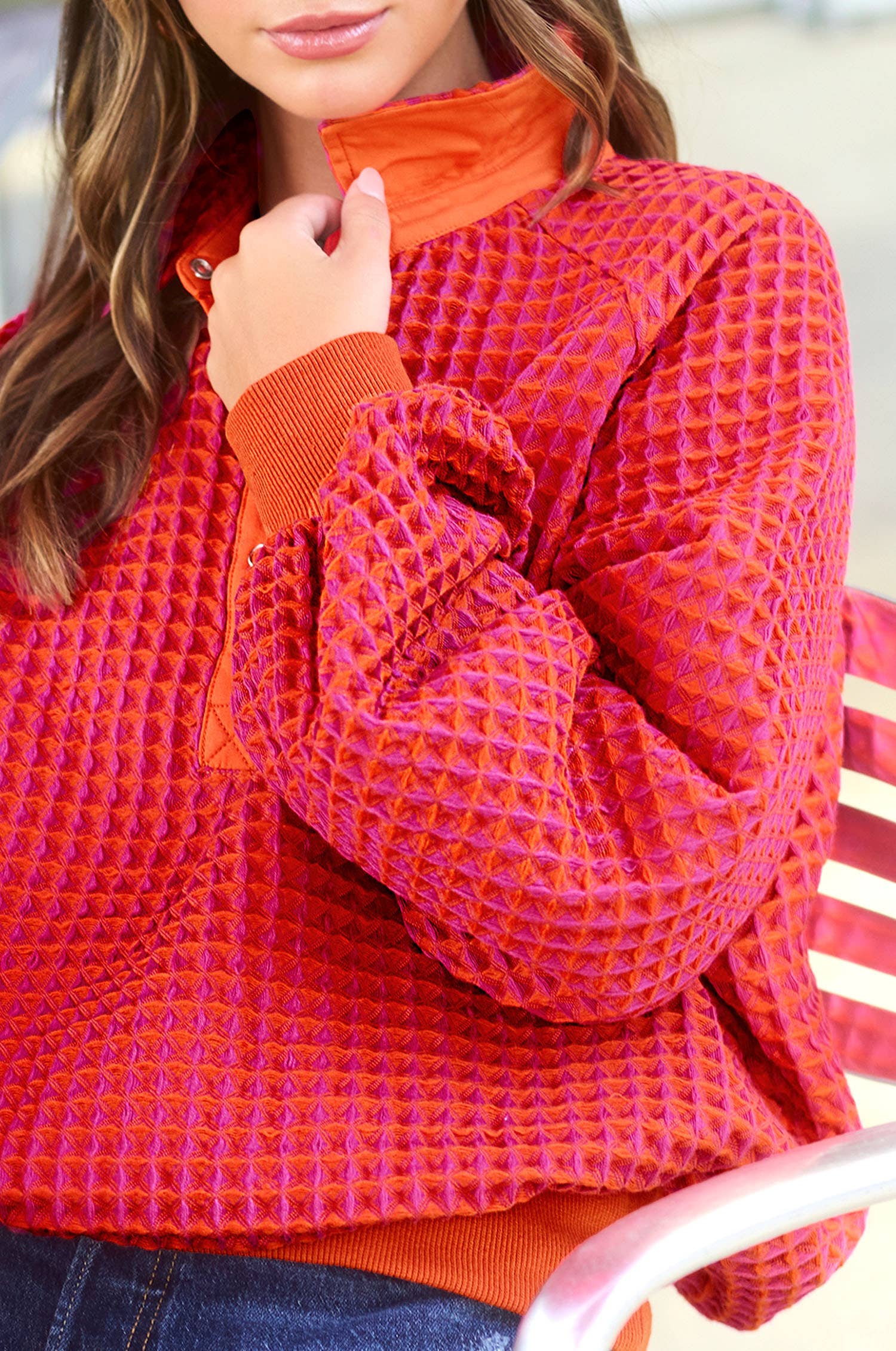 Two-Toned Textured Snap Pullover