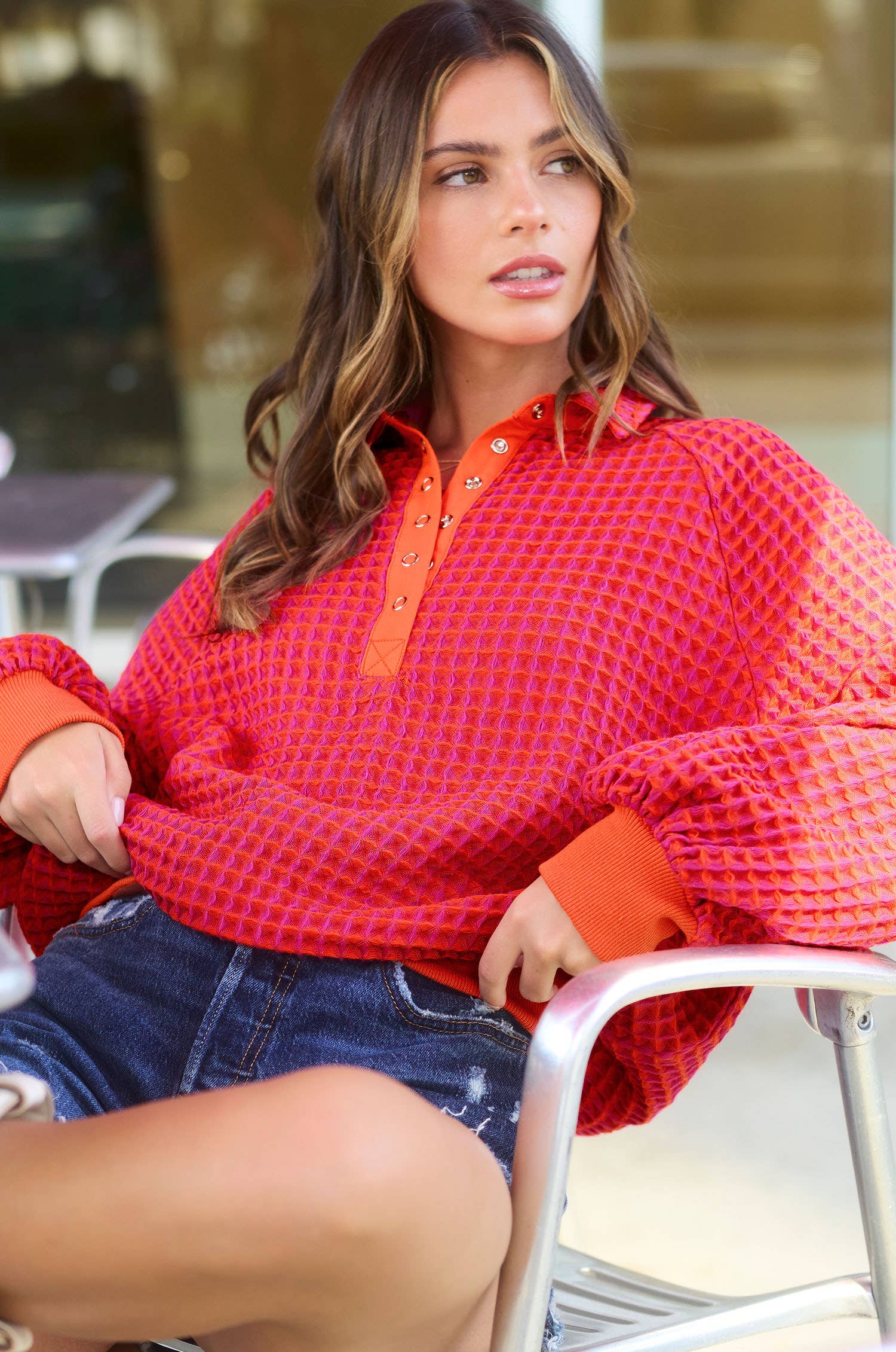 Two-Toned Textured Snap Pullover