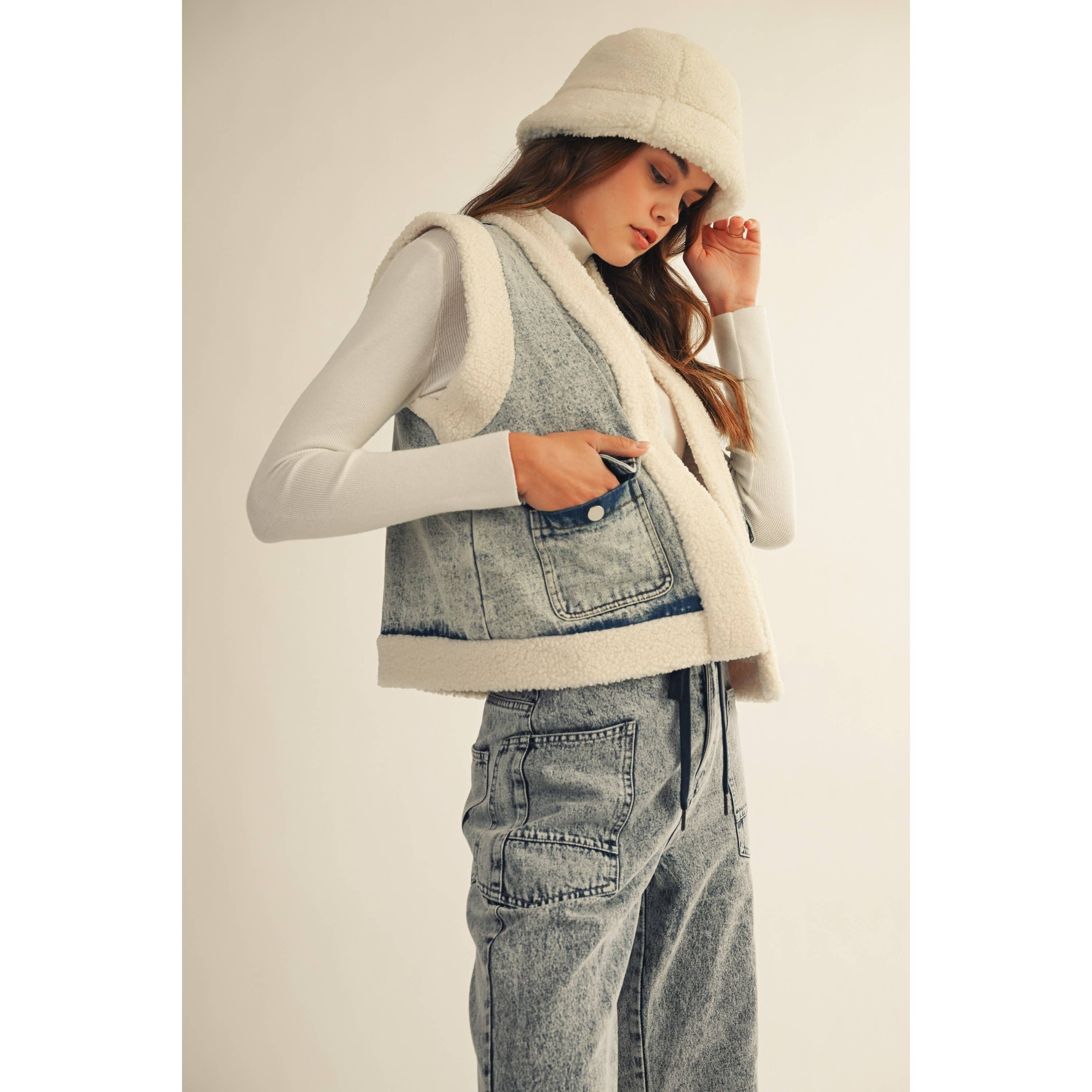 Washed Vintage Denim Fleece Vest