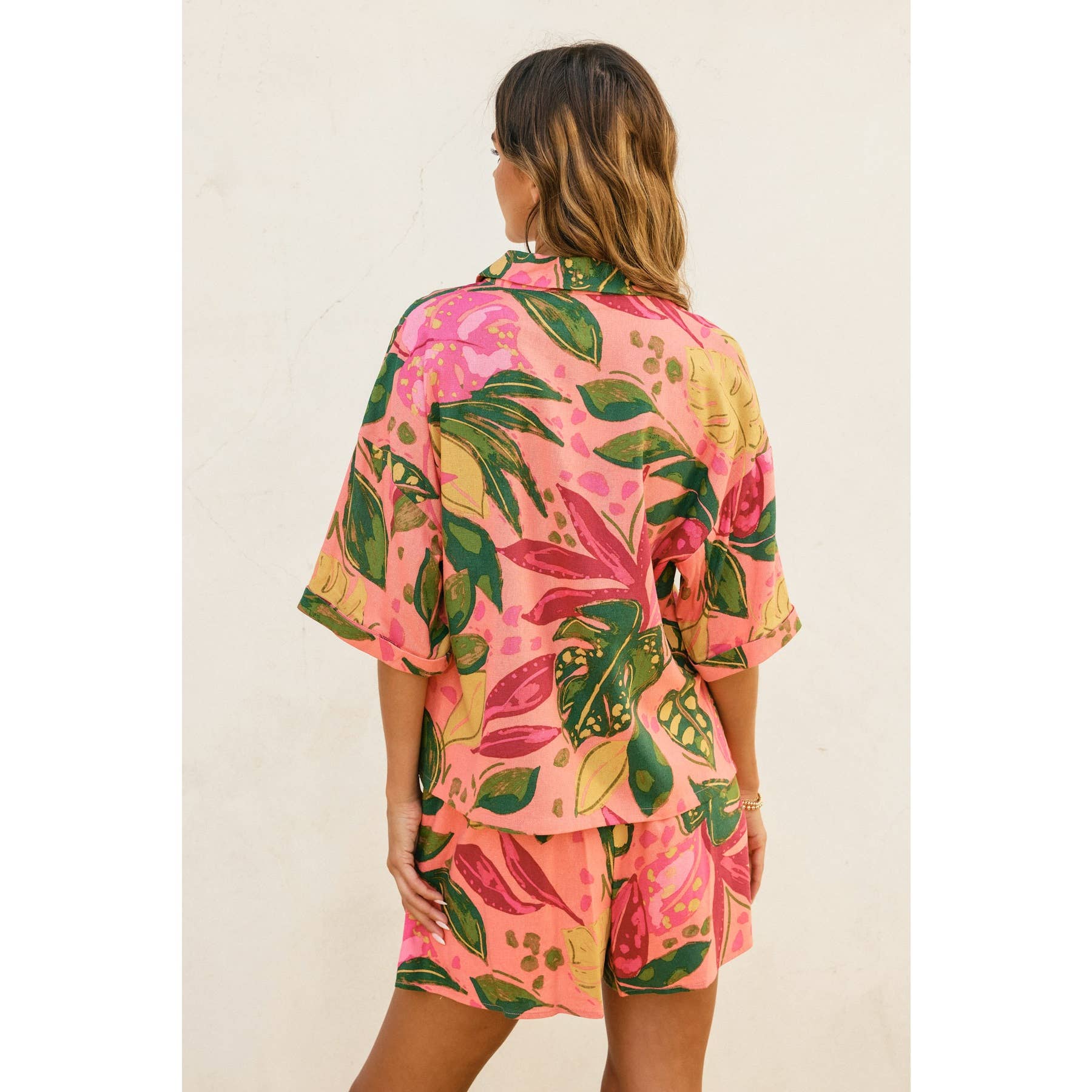 Just Like Paradise Linen Blend Shirt & Shorts Set - Pink Rio