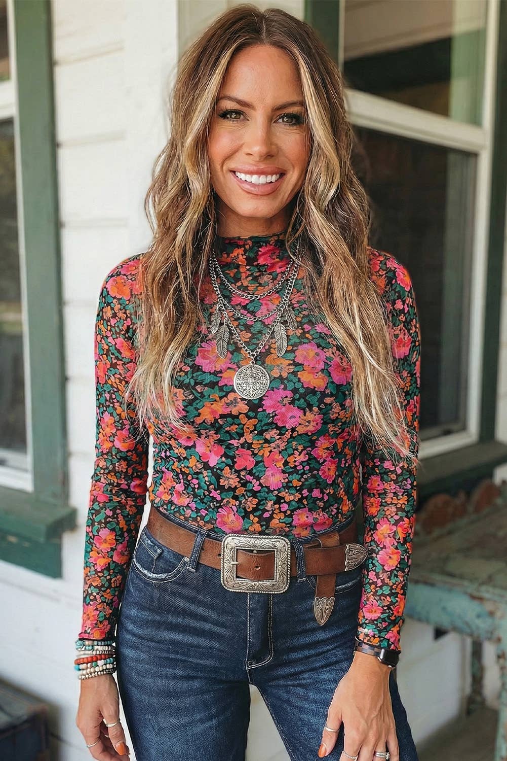 Floral Mesh Mock Neck Long Sleeve Top