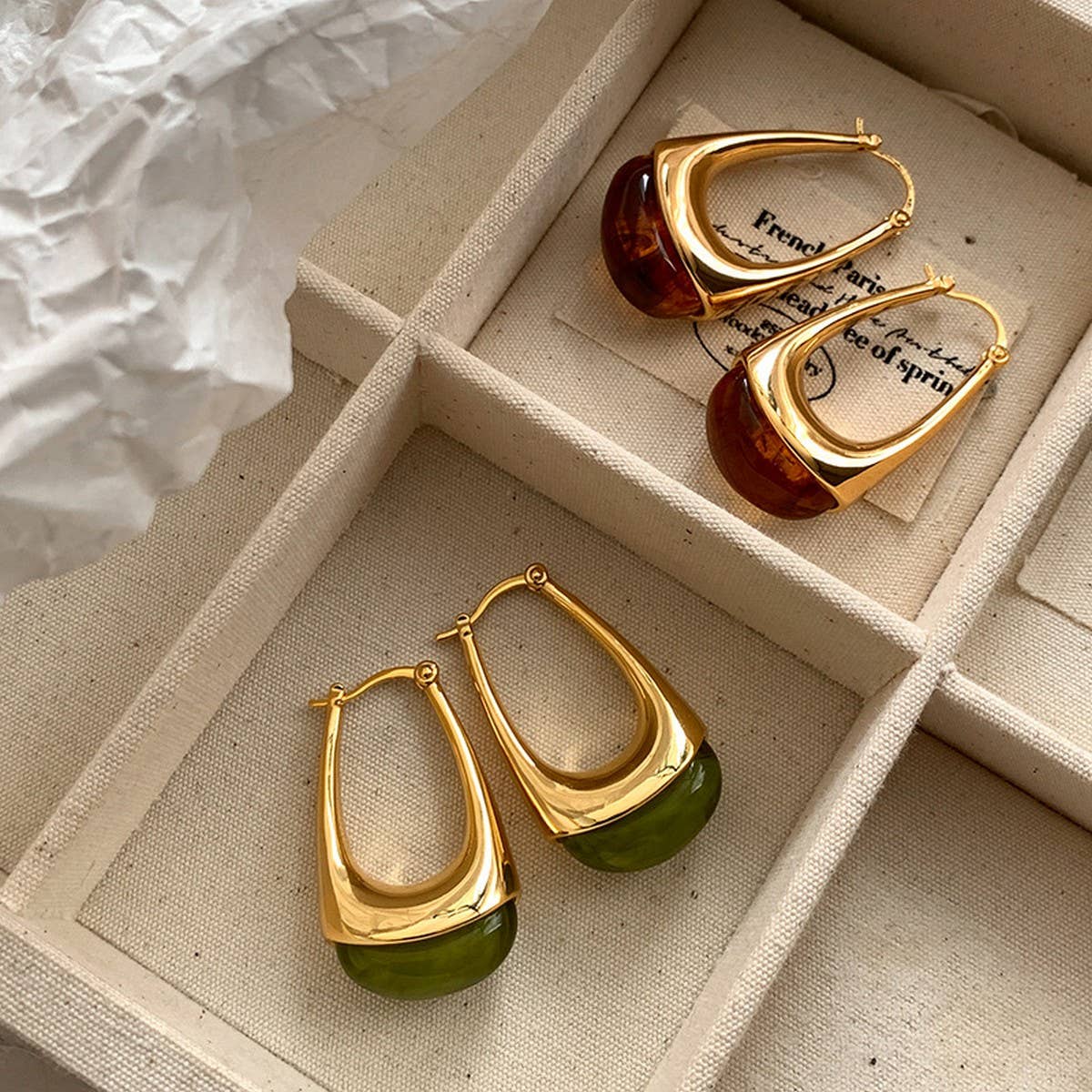 Amber Olive Resin Teardrop Earrings - Gold Framed Studs