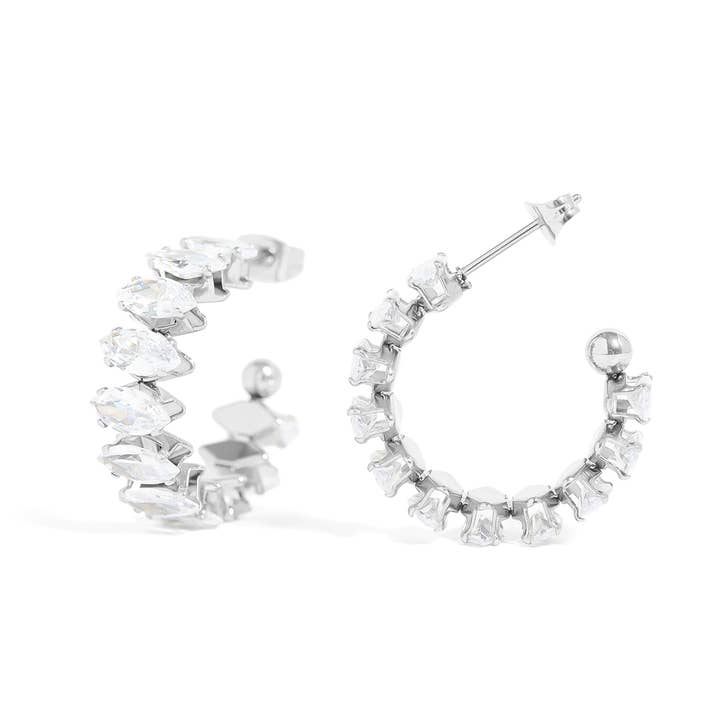 18K Gold CZ Stone Hoop Earrings