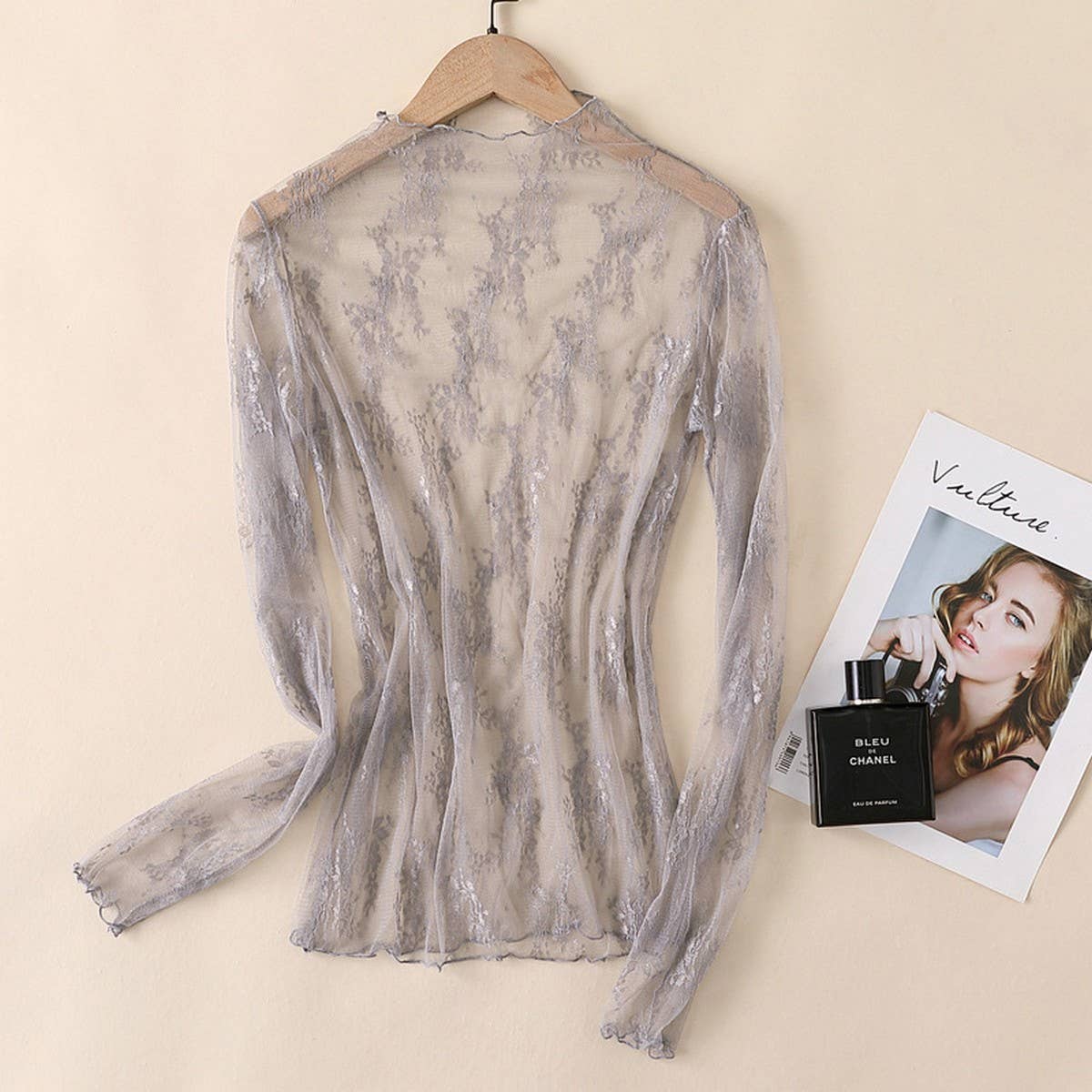 Sheer Lace Mesh Long Sleeve Top