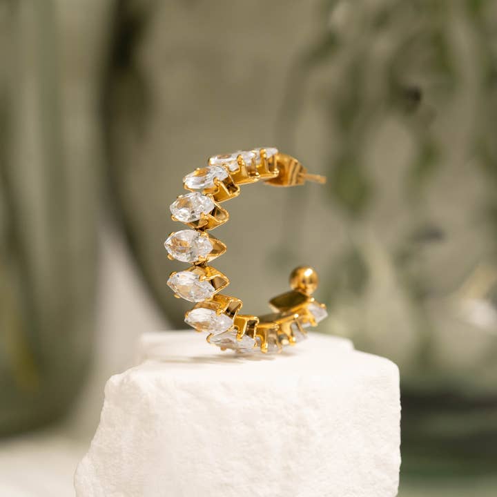 18K Gold CZ Stone Hoop Earrings