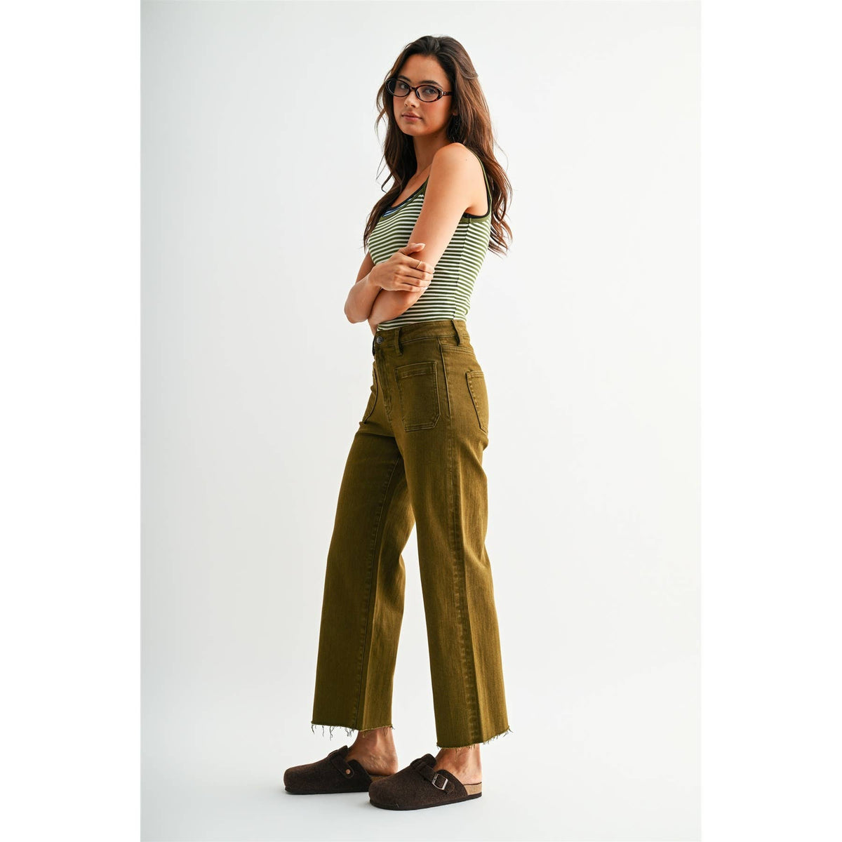 High Rise Wide Leg Crop Jeans – Olive Raw Hem