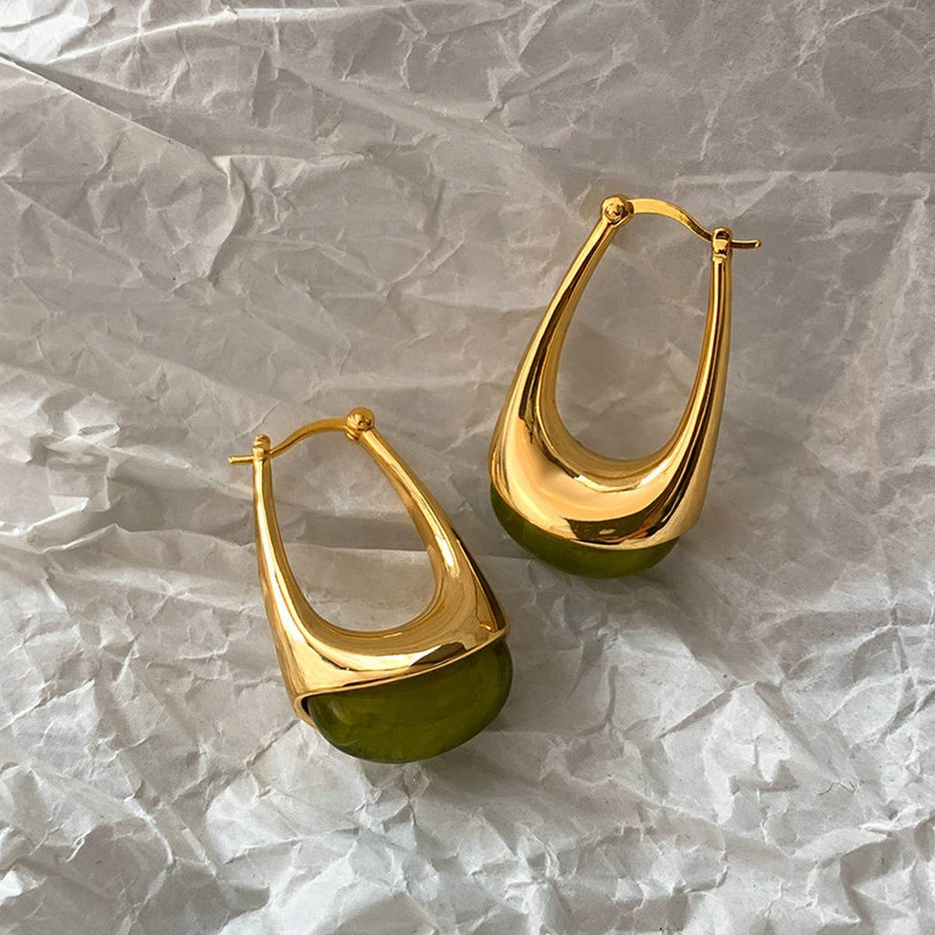 Amber Olive Resin Teardrop Earrings - Gold Framed Studs