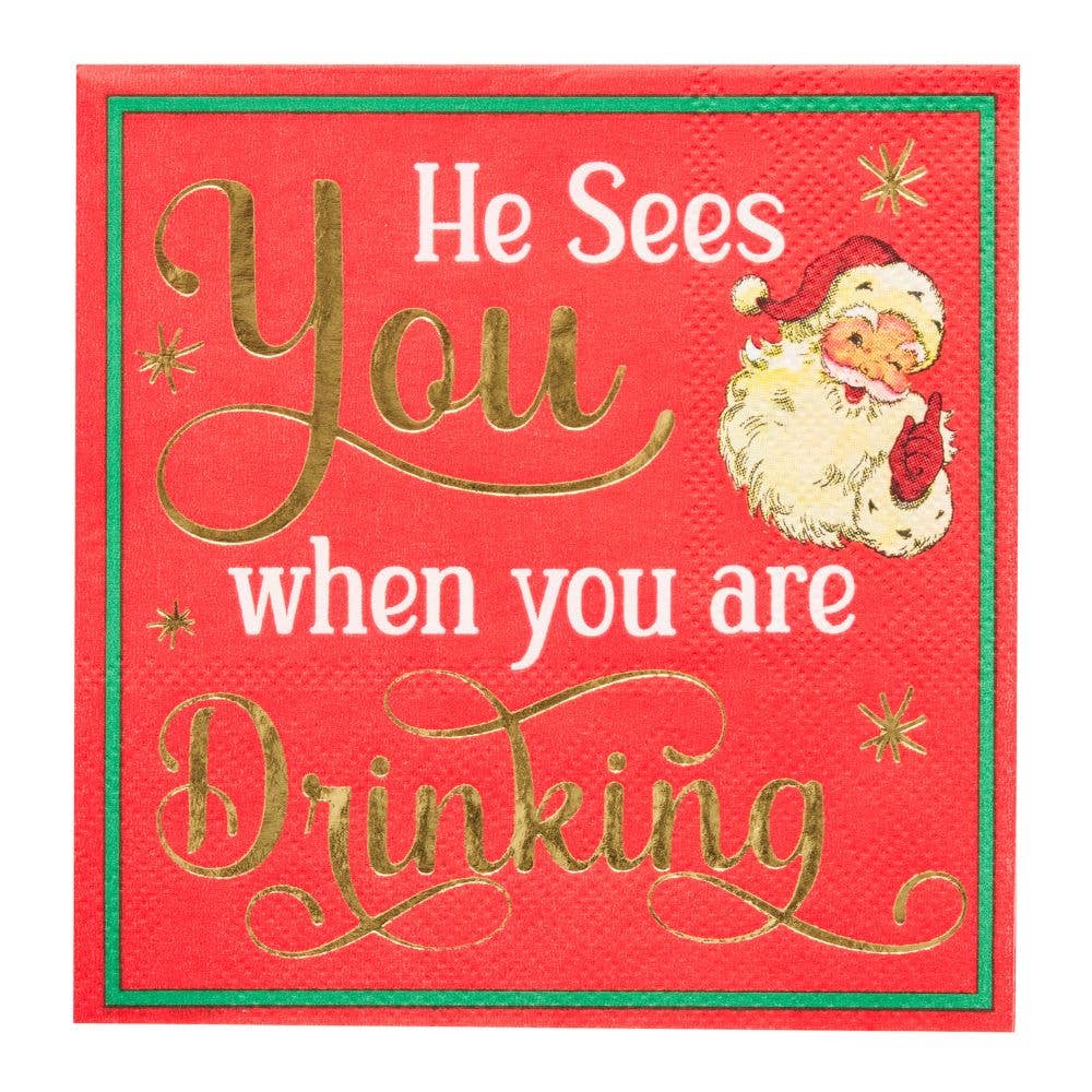 "He Sees You Drinking" Christmas Cocktail Napkins – 26 Pack