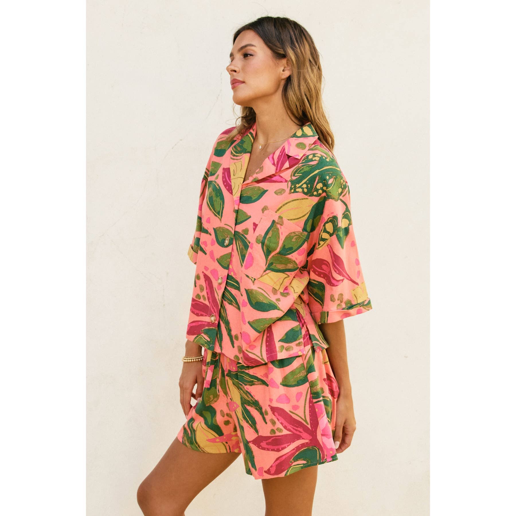 Just Like Paradise Linen Blend Shirt & Shorts Set - Pink Rio