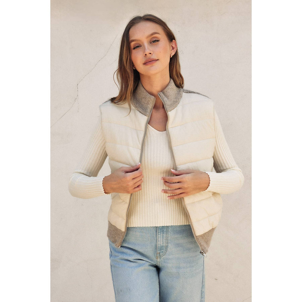 Sherpa & Puff Contrast Zip Vest- Cream Oat
