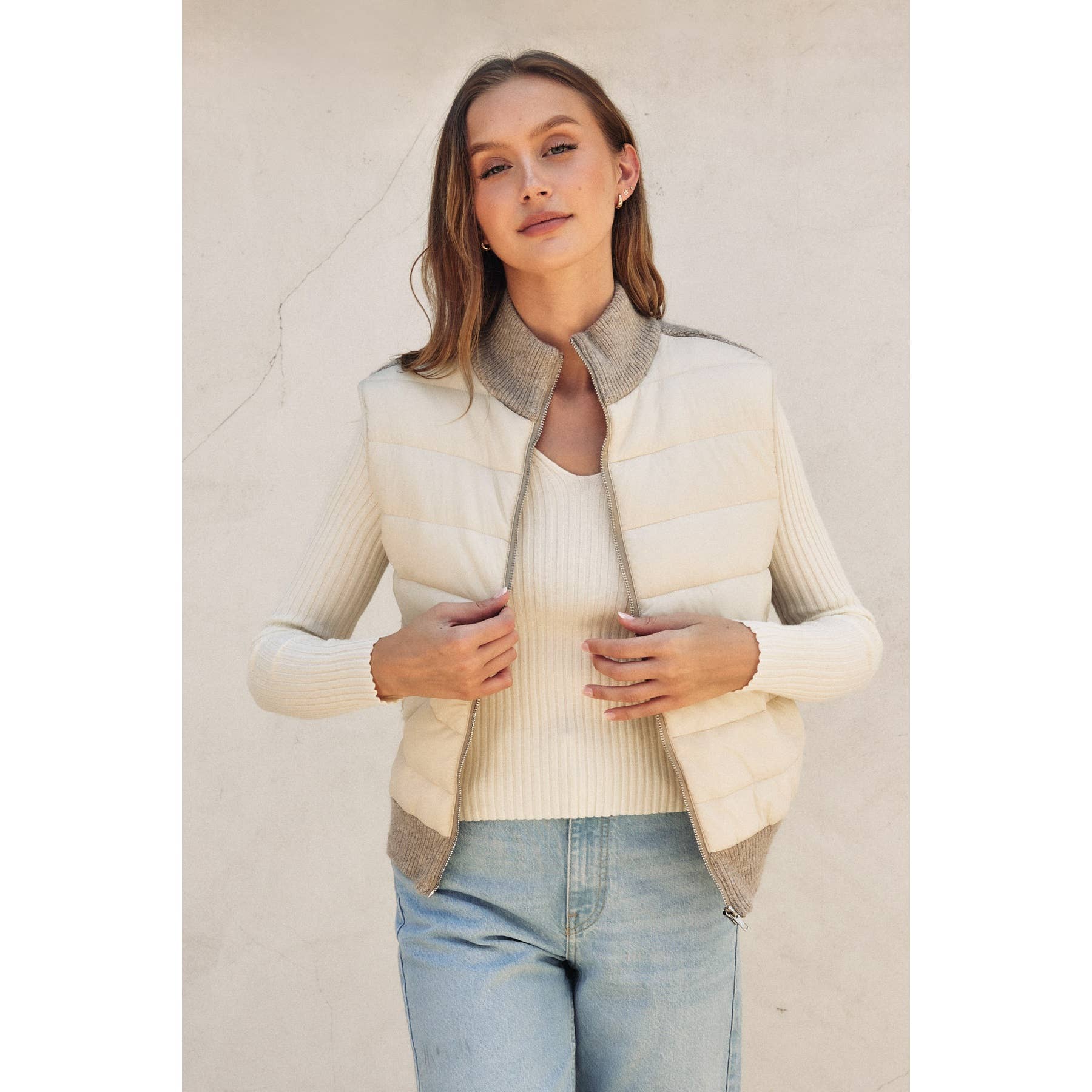 Sherpa & Puff Contrast Zip Vest- Cream Oat