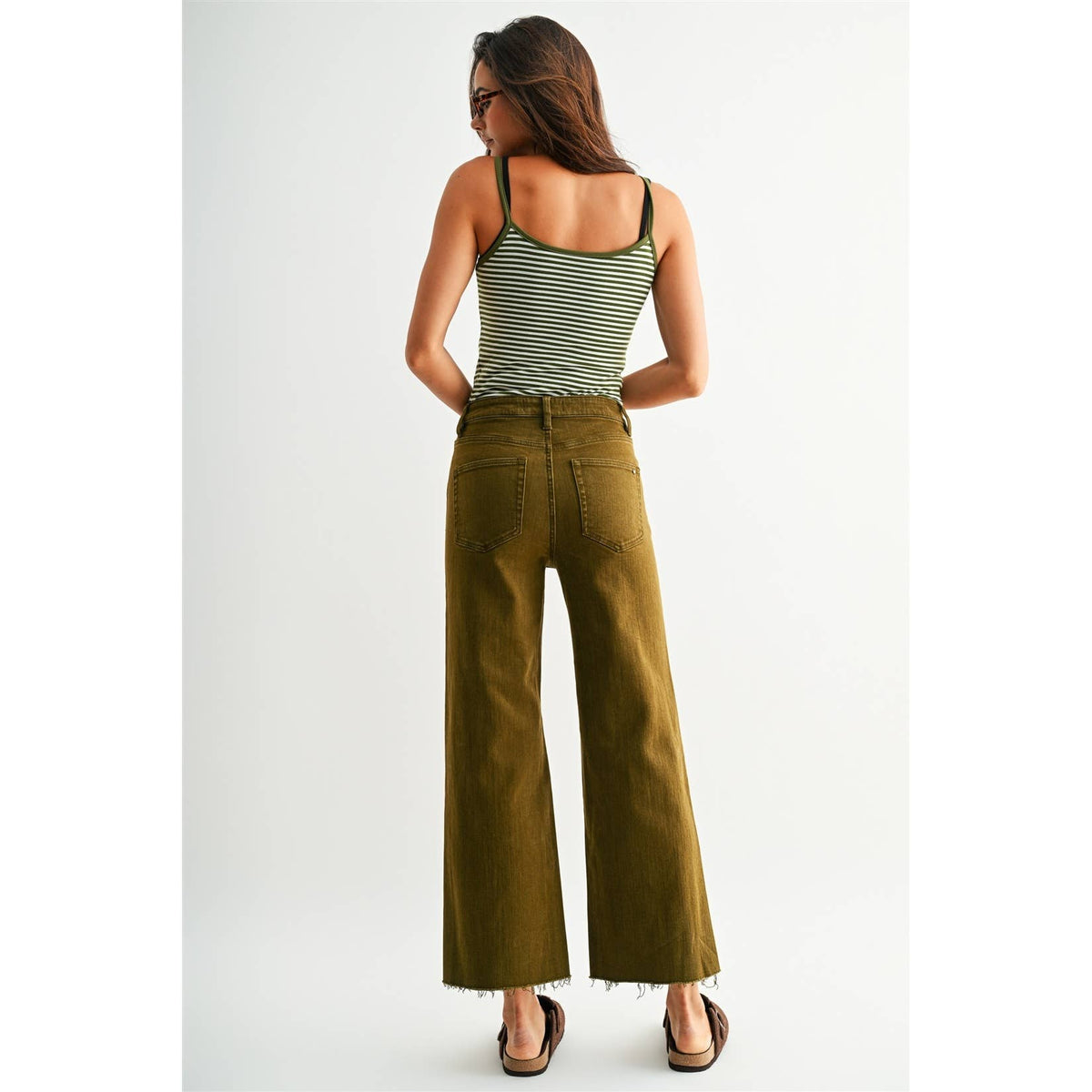 High Rise Wide Leg Crop Jeans – Olive Raw Hem