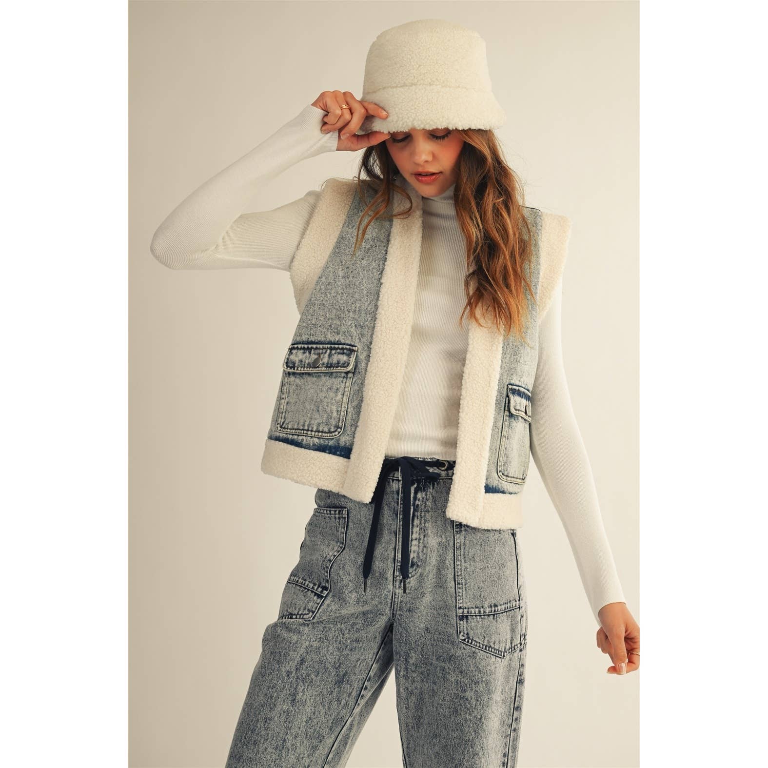 Washed Vintage Denim Fleece Vest