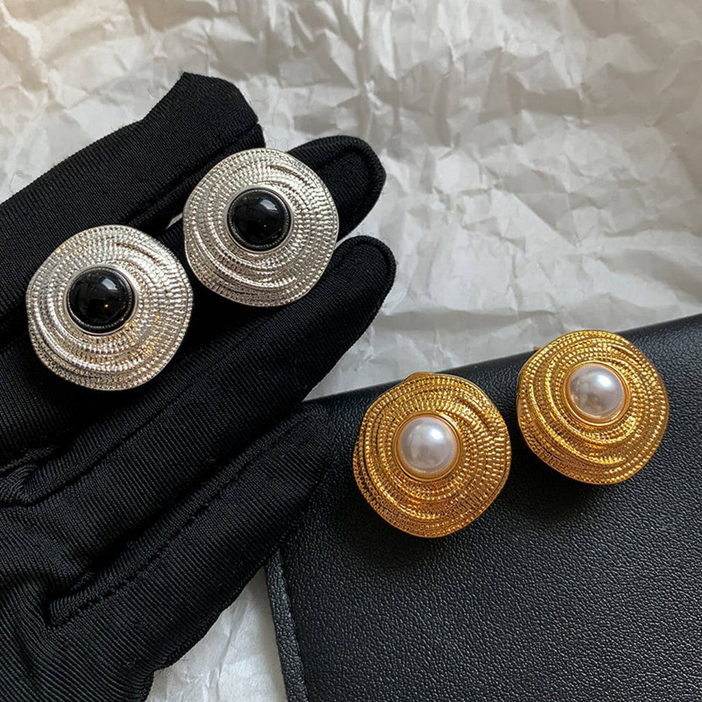 Gold Spiral Pearl Stud Earrings
