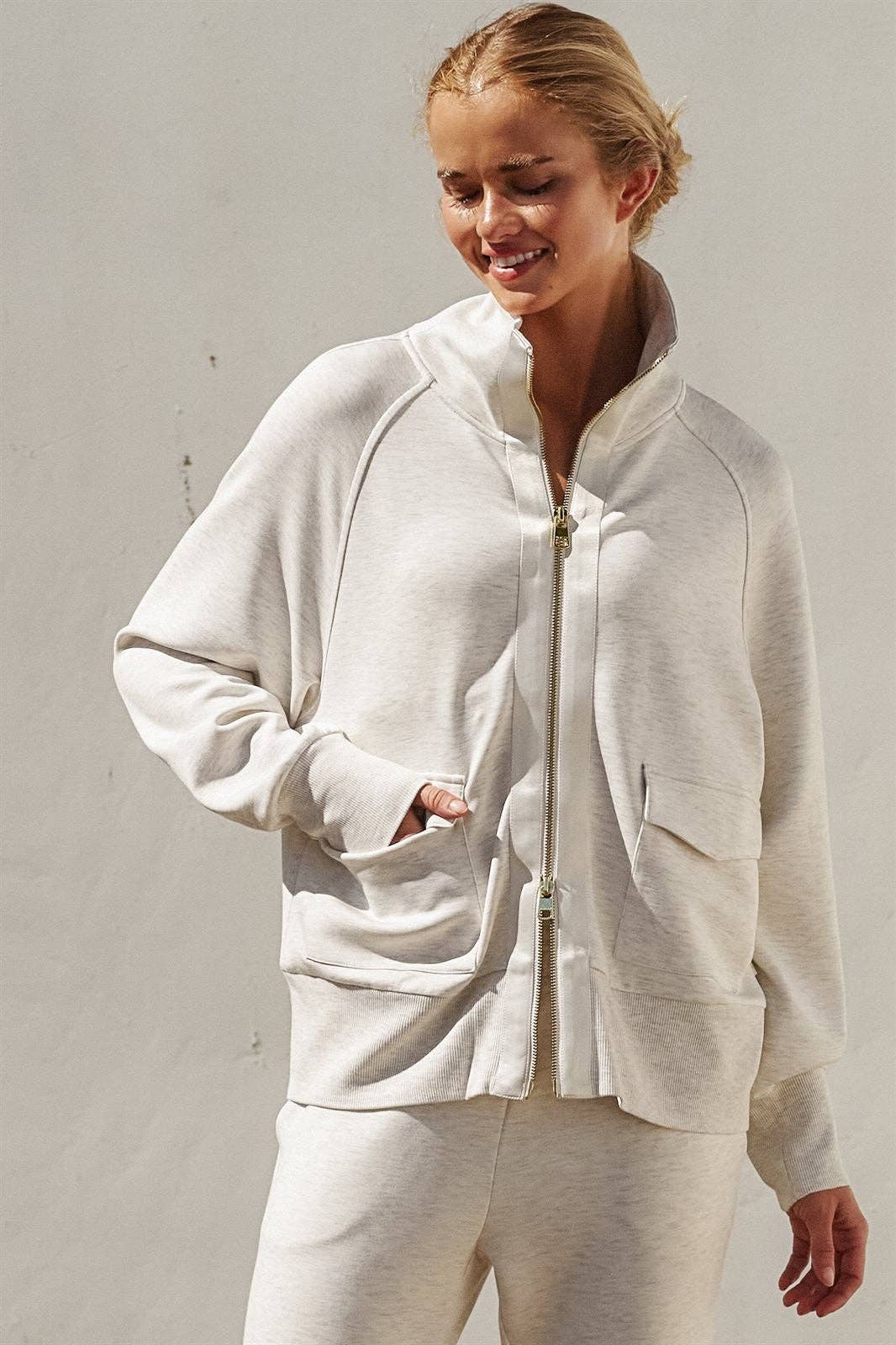 Oatmeal Scuba Knit Track Bomber Jacket
