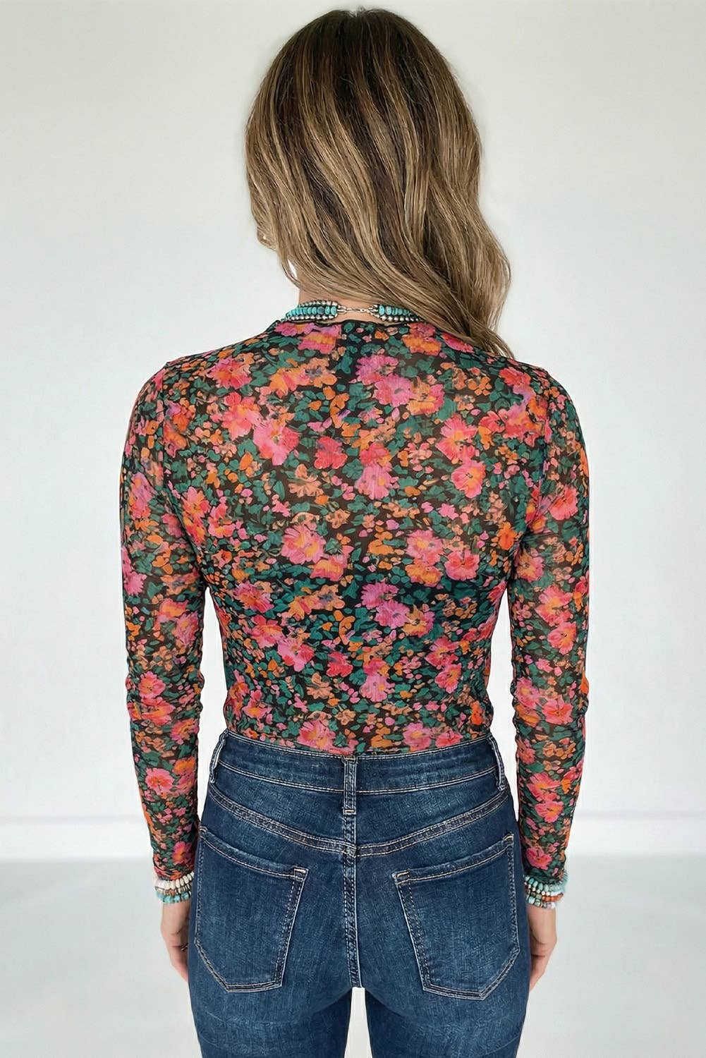 Floral Mesh Mock Neck Long Sleeve Top