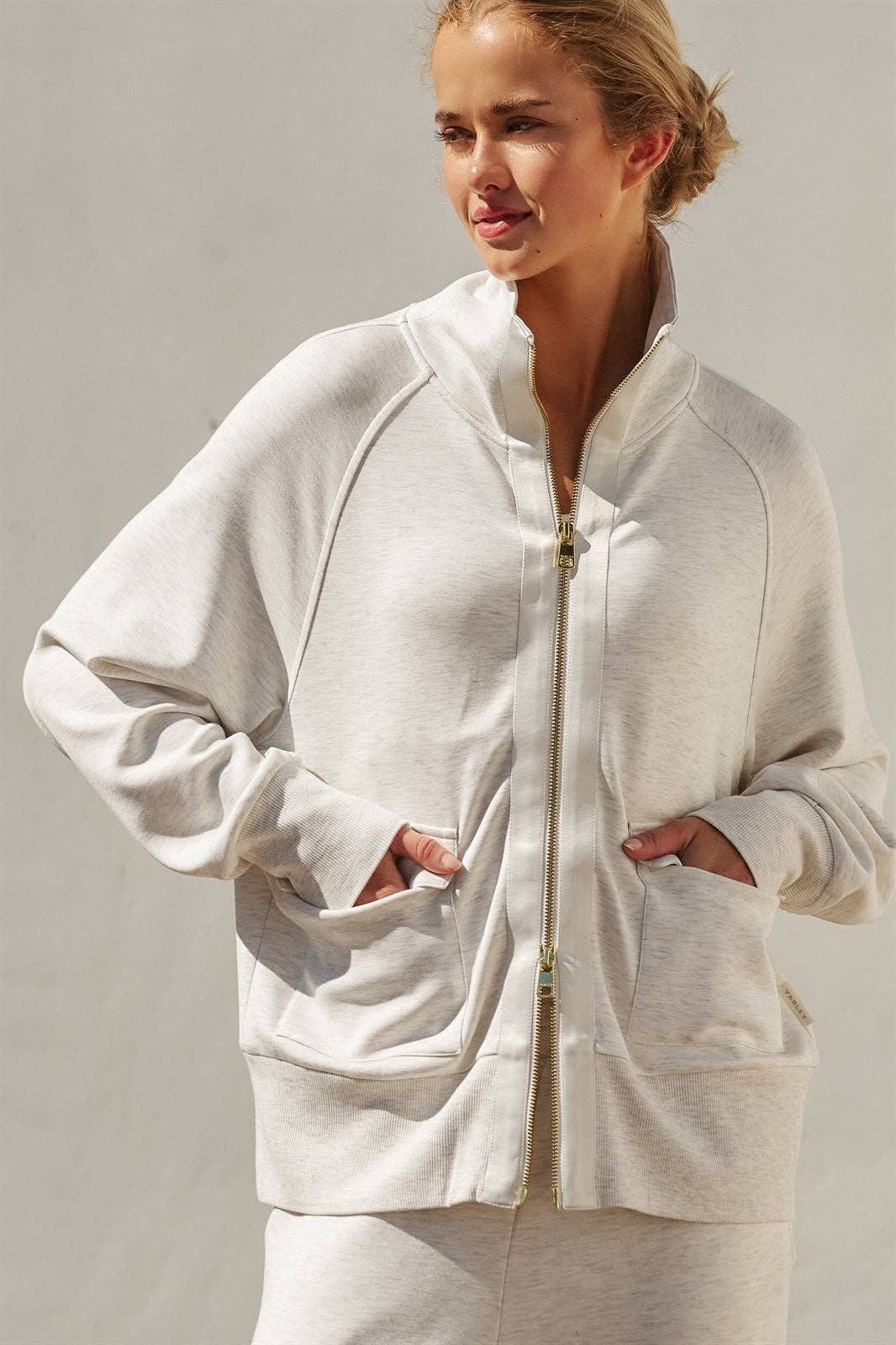 Oatmeal Scuba Knit Track Bomber Jacket