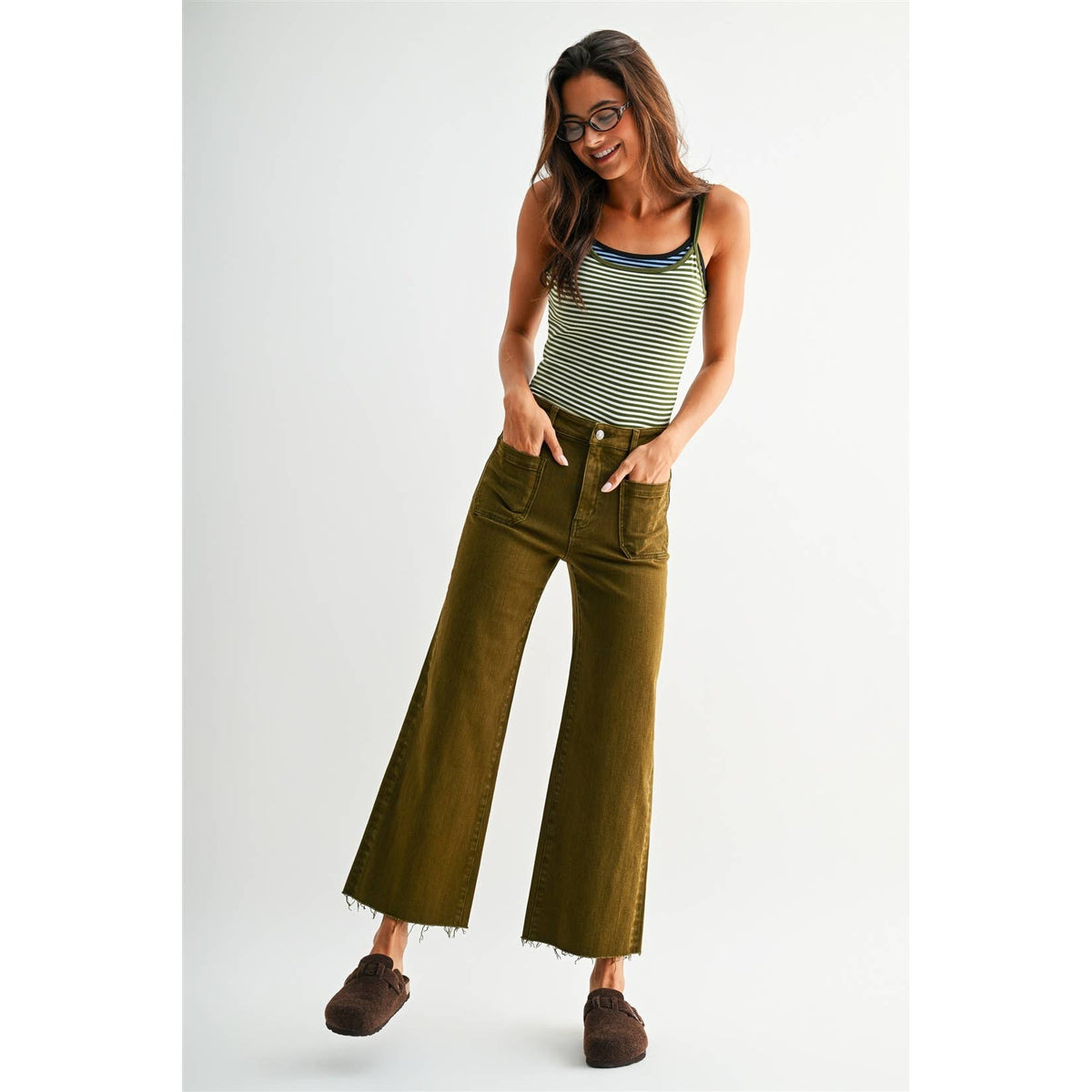 High Rise Wide Leg Crop Jeans – Olive Raw Hem