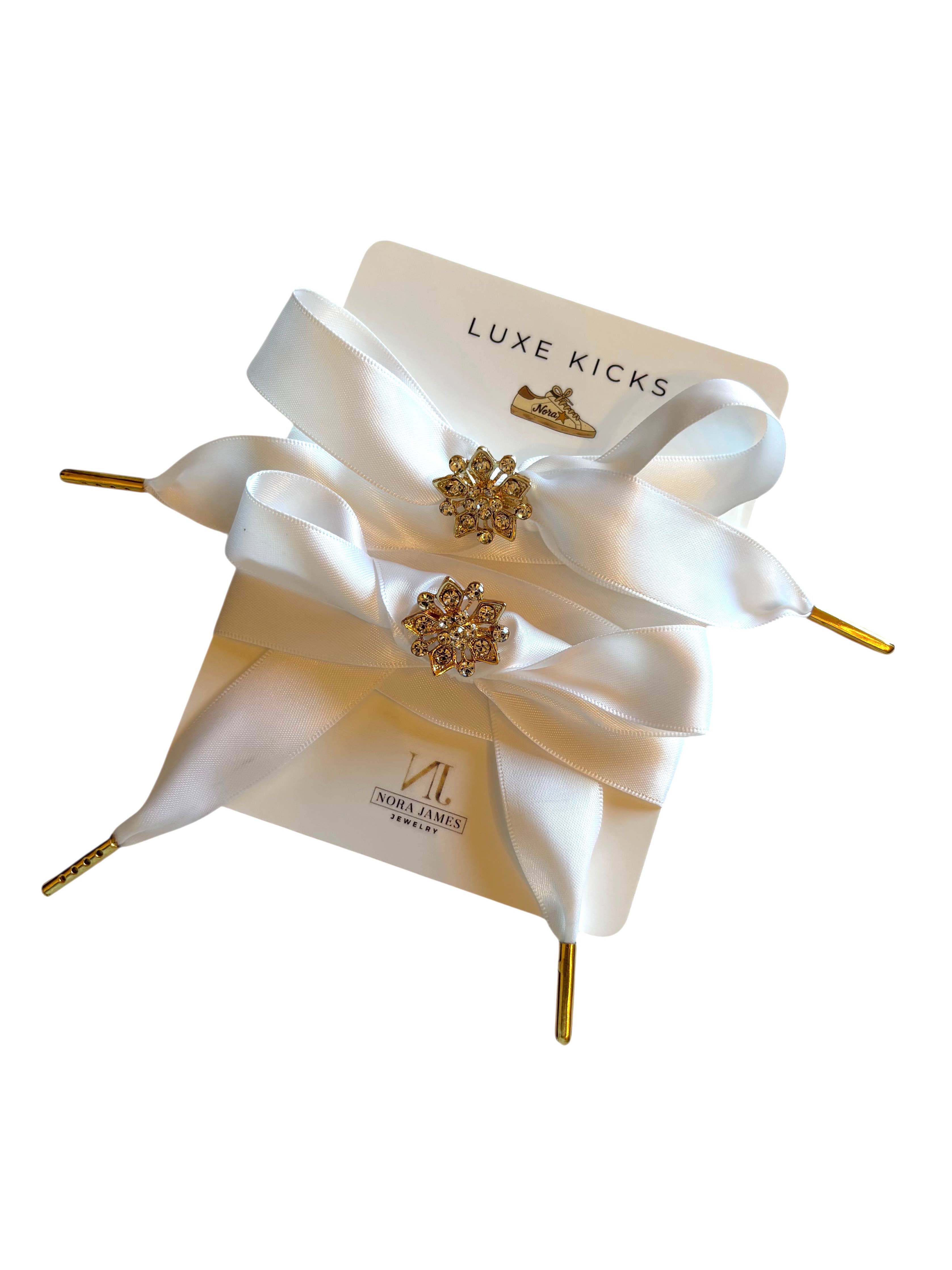 Luxe Kicks Ribbon with Rhinestone Brooch - Snow Glow White