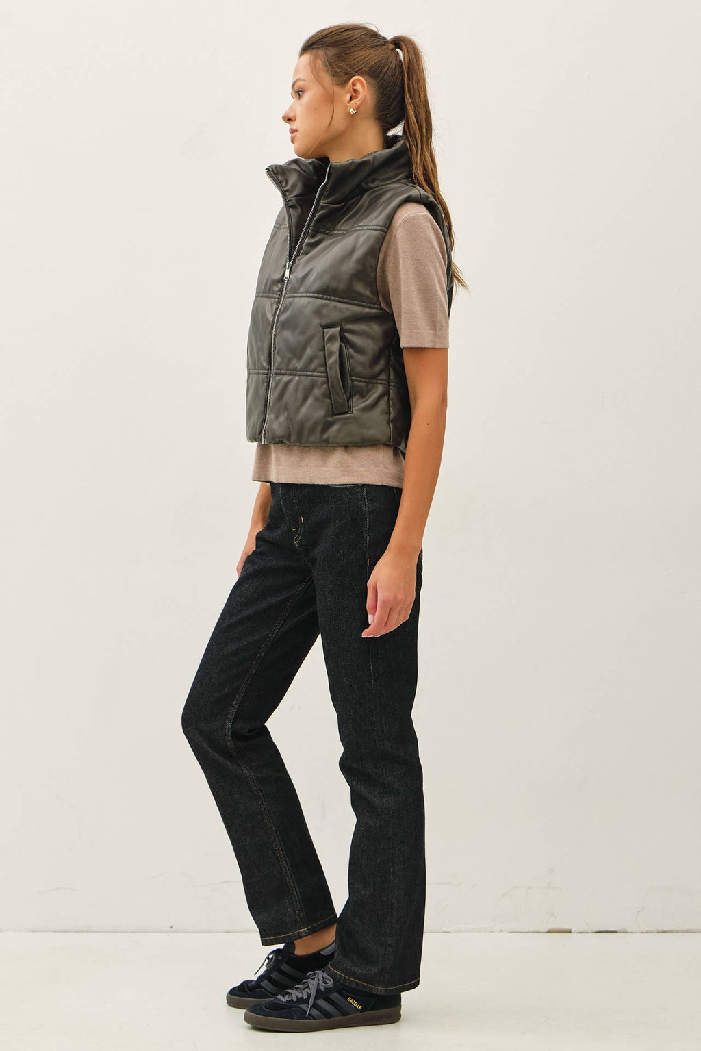Women’s Cropped Faux Leather Puffer Vest