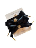 Designer-Inspired Satin Shoelaces with Rhinestone Brooch - Black Tie