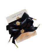 Designer-Inspired Satin Shoelaces with Rhinestone Brooch - Black Tie