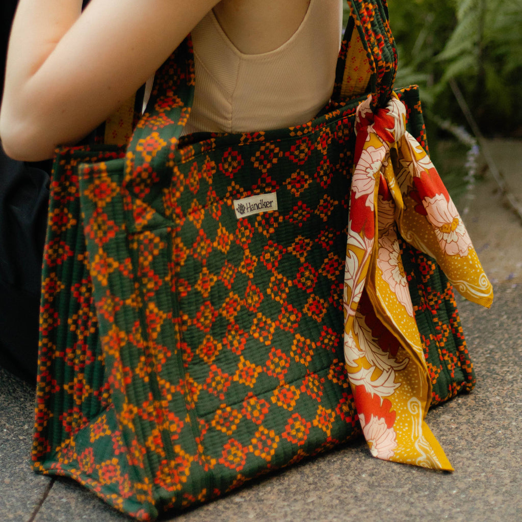 Royce Quilted Tote – Green, Gold & Red