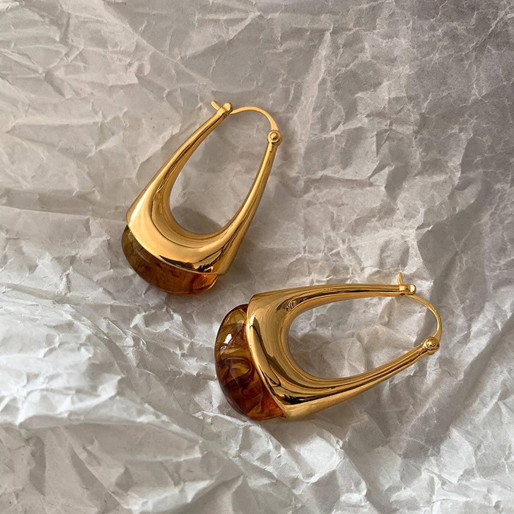 Amber Olive Resin Teardrop Earrings - Gold Framed Studs