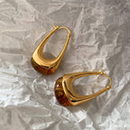 Amber Olive Resin Teardrop Earrings - Gold Framed Studs